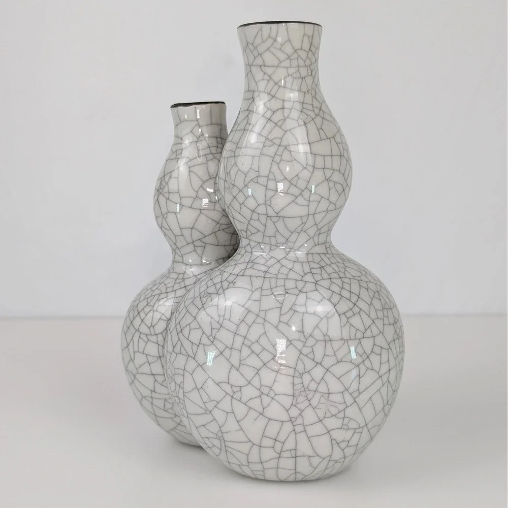 Vtg Crackle Double Gourd Vases White Glaze Ceramic Asian‎ Decor MMA WAQ 1994